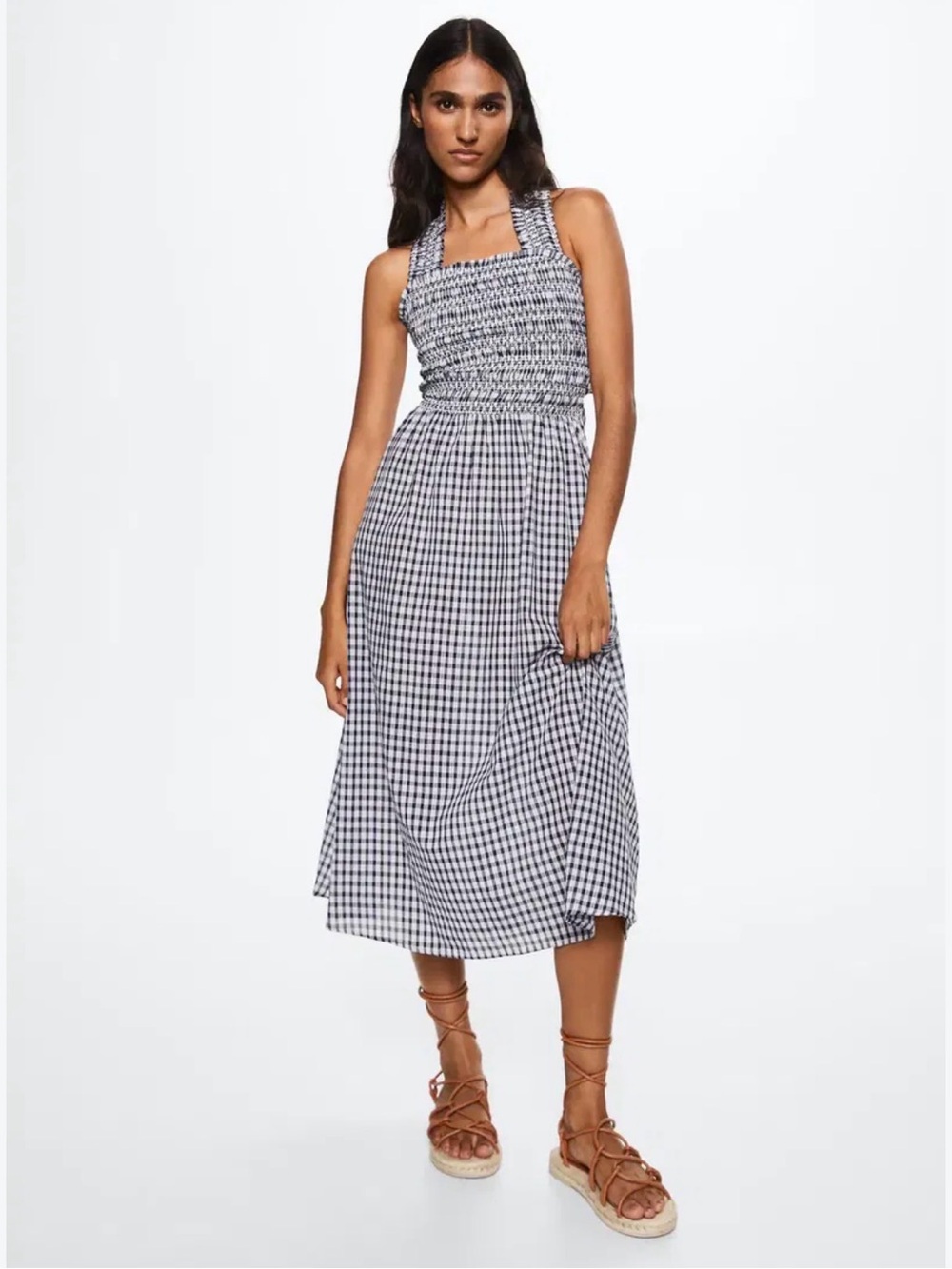 Mango checkered Smocked Gingham Halter Midi Dress - Black/White
